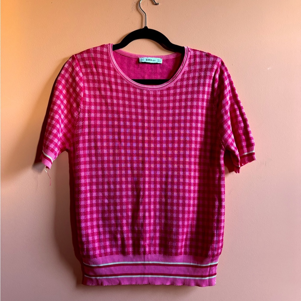 Zara Pink Checkered Knit Top